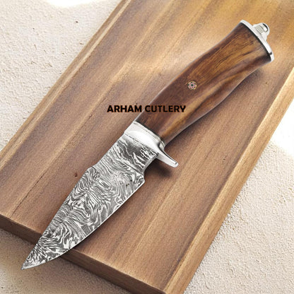 Handmade Damascus steel hunting knife with walnut wood handle and leather sheath – Arham Cutlery
