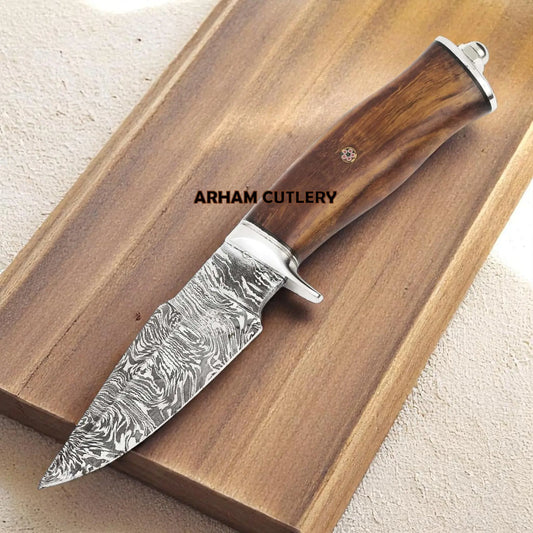 Handmade Damascus steel hunting knife with walnut wood handle and leather sheath – Arham Cutlery