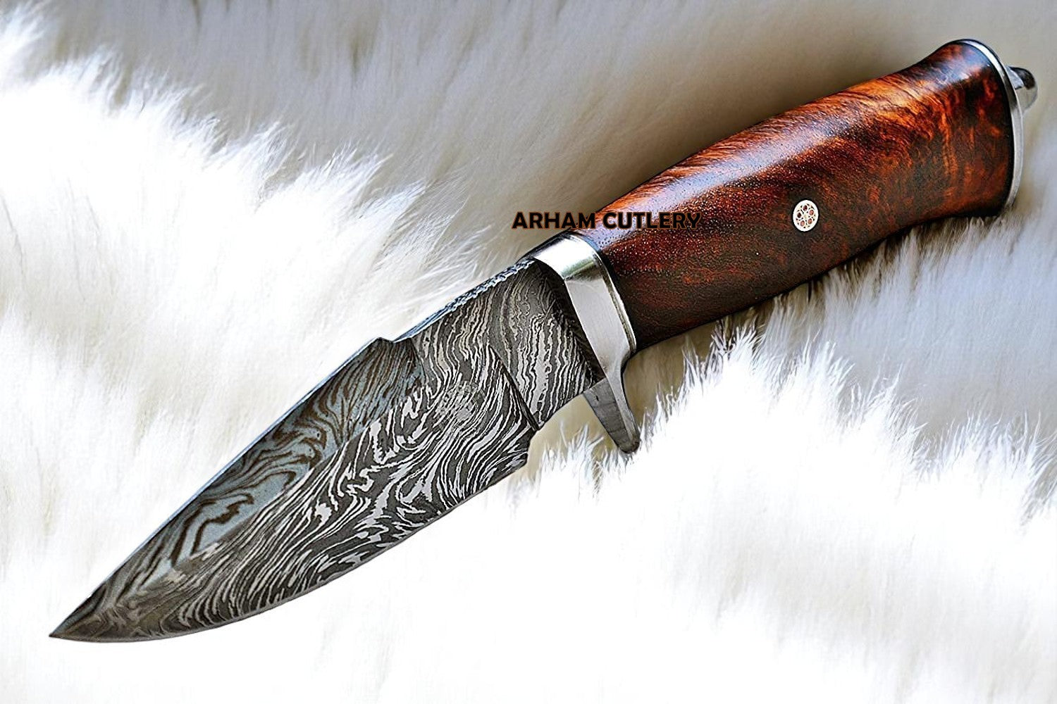 Handmade Damascus steel hunting knife with walnut wood handle and leather sheath – Arham Cutlery