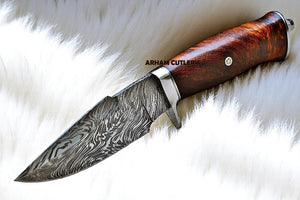 Handmade Damascus steel hunting knife with walnut wood handle and leather sheath – Arham Cutlery