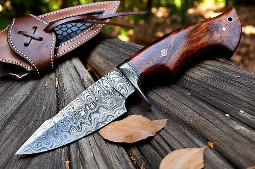 Handmade 10-inch Damascus steel knife with rose wood handle and leather sheath by Arham Cutlery