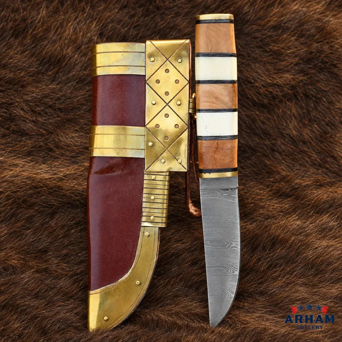 Bonewood Norsecrest Viking Seax Knife – Damascus Steel Wood & Bone Handle Arham Cutlery