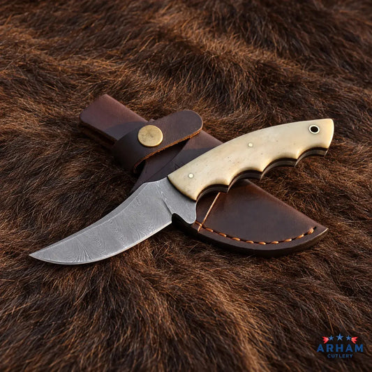 Bone Upsweep™ Damascus Skinning Knife – Natural Bone Handle Arham Cutlery