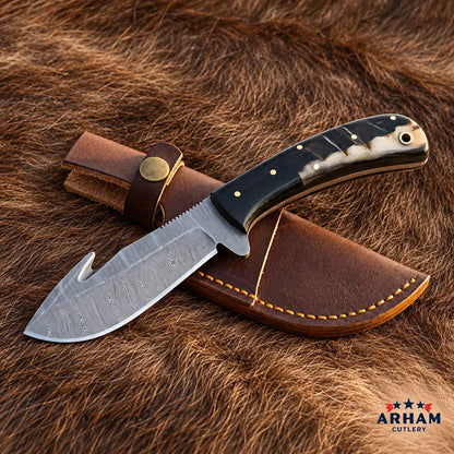 Ramforge Blackcrest Damascus Skinning Knife – Ram Horn & Micarta Handle Arham Cutlery