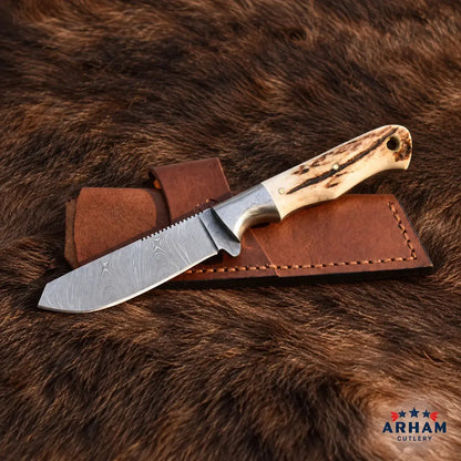 Redstag Svelte™ Damascus Skinning Knife – Stag Antler Handle Arham Cutlery