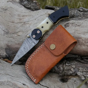 Damascus Steel Folding Pocket Knife - 8" Handmade Gift Knife with Camel Bone & Resin Handle - Camping Pocket Knife - Arham Cutlery