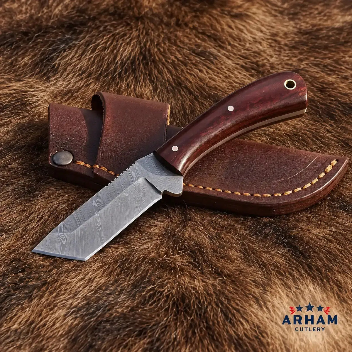 Scarlet Talon Damascus Tanto Knife – Red Burlap Micarta Handle Arham Cutlery