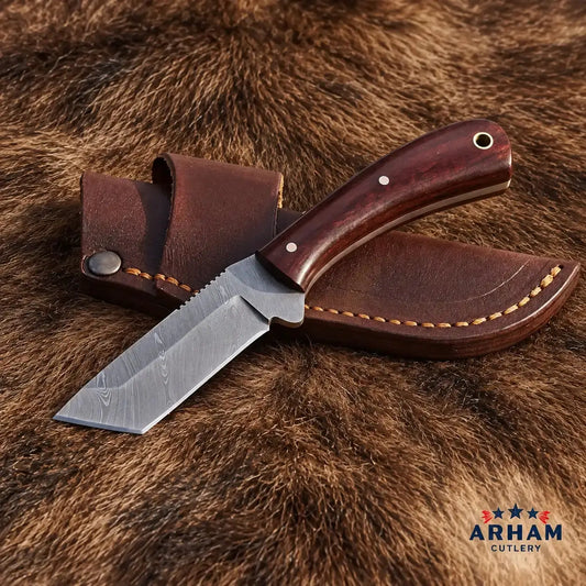Scarlet Talon Damascus Tanto Knife – Red Burlap Micarta Handle Arham Cutlery