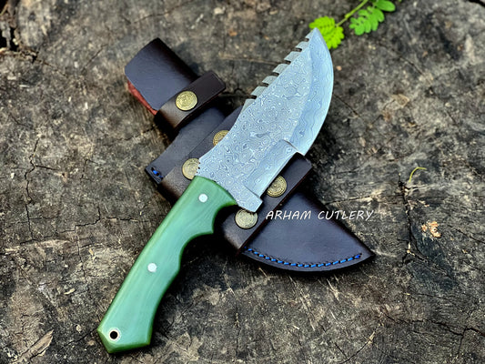 Handmade Damascus Steel Tracker Knife with Green G10 Handle, Bird Eye Pattern Blade, and Leather Sheath – Arham Cutlery