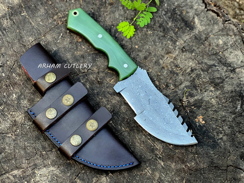 Handmade Damascus Steel Tracker Knife with Green G10 Handle, Bird Eye Pattern Blade, and Leather Sheath – Arham Cutlery
