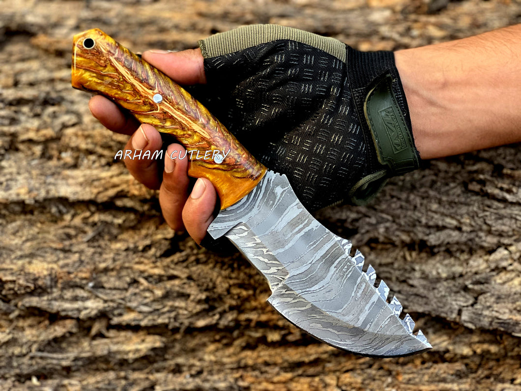 Handmade Damascus Steel Tracker Knife with Pine Cone Resin Handle and Leather Sheath – Arham Cutlery