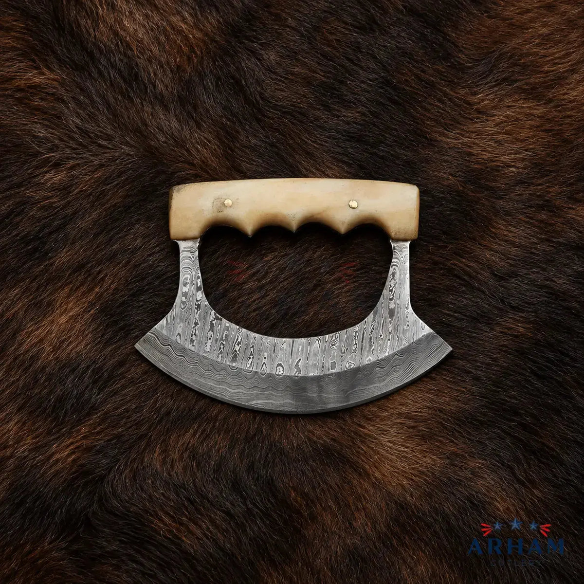 Horncrest Ulu™ Handmade Damascus Ulu Knife with Camel Bone Handle Arham Cutlery