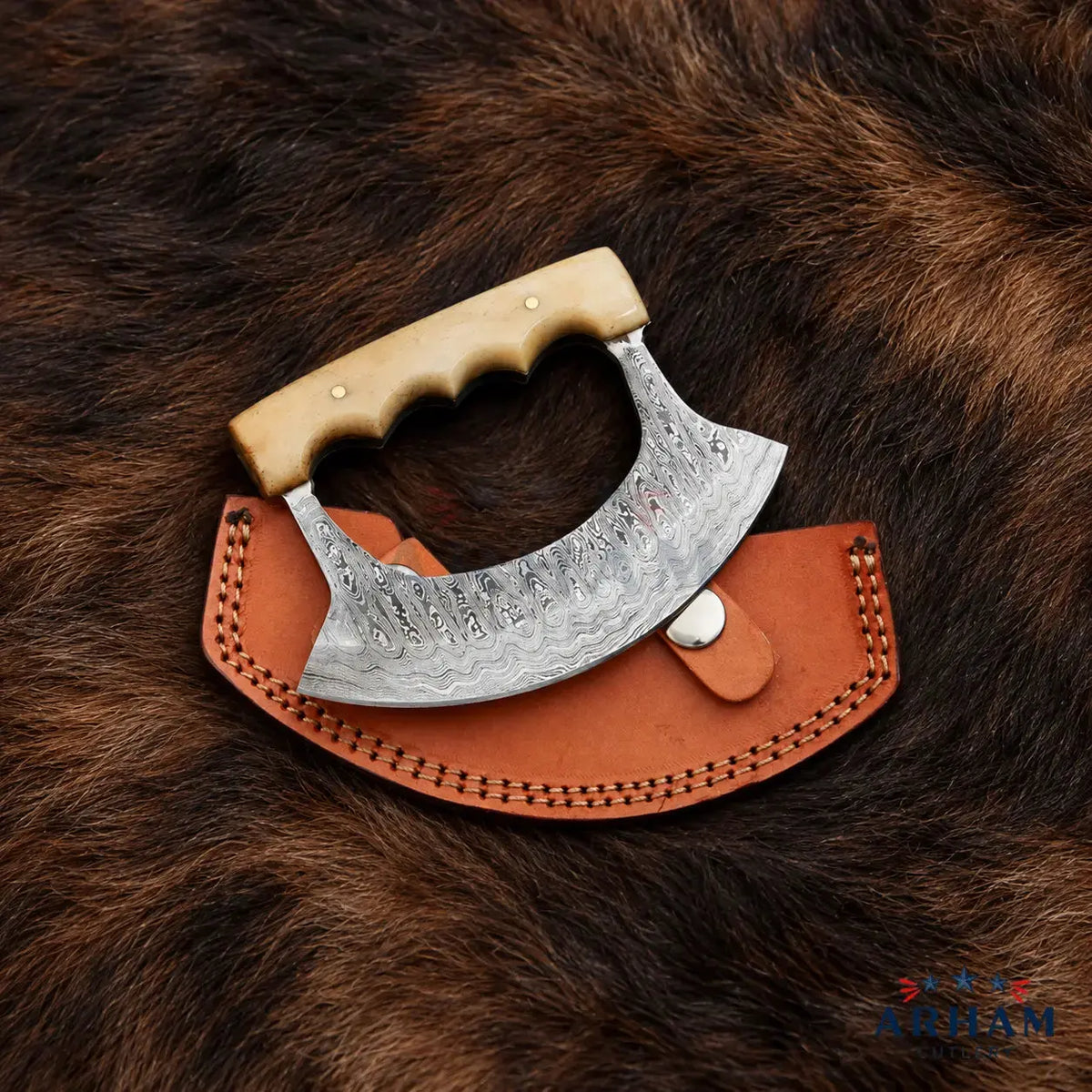 Horncrest Ulu™ Handmade Damascus Ulu Knife with Camel Bone Handle Arham Cutlery