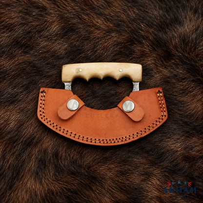 Horncrest Ulu™ Handmade Damascus Ulu Knife with Camel Bone Handle Arham Cutlery