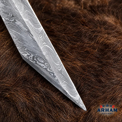 Goatskin Raven Viking Seax Knife – Damascus Steel & Wood Handle Arham Cutlery