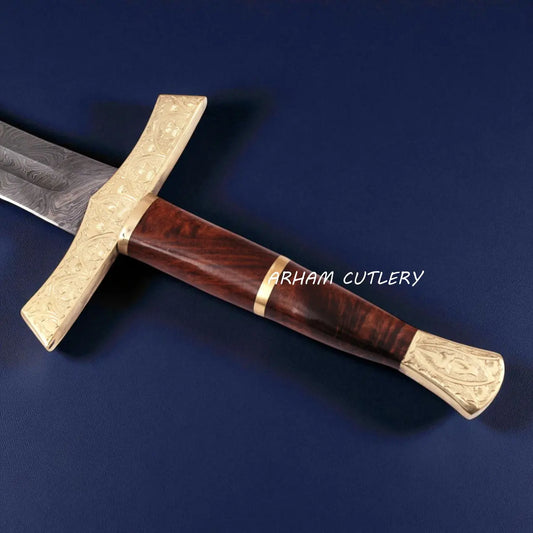 Elite Damascus Sword with Floral Brass Guard and Polished Wood Handle – Arham Cutlery
