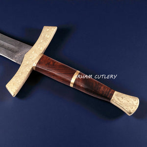Elite Damascus Sword with Floral Brass Guard and Polished Wood Handle – Arham Cutlery
