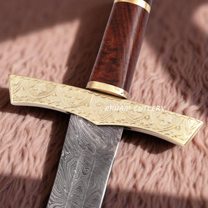 Elite Damascus Sword with Floral Brass Guard and Polished Wood Handle – Arham Cutlery
