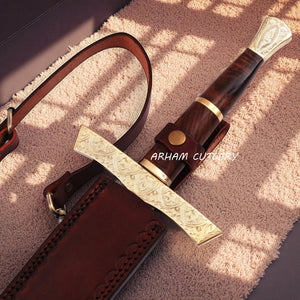 Elite Damascus Sword with Floral Brass Guard and Polished Wood Handle – Arham Cutlery
