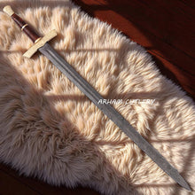 Load image into Gallery viewer, Elite Damascus Sword with Floral Brass Guard and Polished Wood Handle – Arham Cutlery

