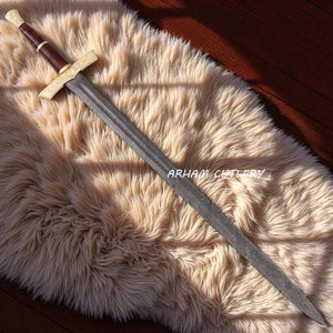 Elite Damascus Sword with Floral Brass Guard and Polished Wood Handle – Arham Cutlery
