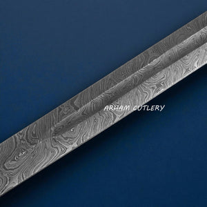 Elite Damascus Sword with Floral Brass Guard and Polished Wood Handle – Arham Cutlery
