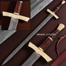 Load image into Gallery viewer, Elite Damascus Sword with Floral Brass Guard and Polished Wood Handle – Arham Cutlery

