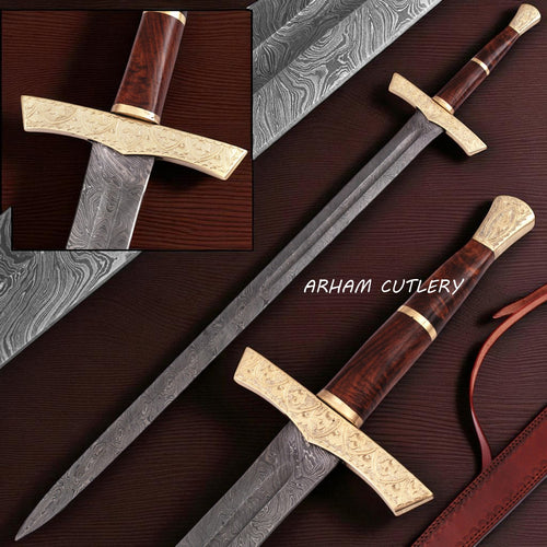 Elite Damascus Sword with Floral Brass Guard and Polished Wood Handle – Arham Cutlery
