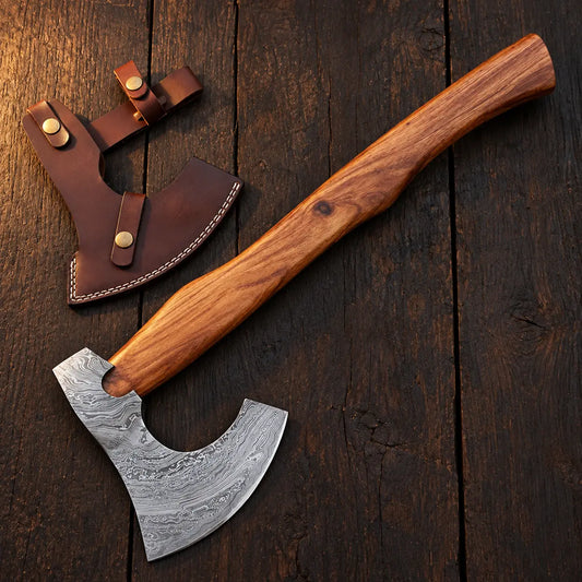 Damascus Steel Viking Bearded Axe with Natural Rosewood Grip Arham Cutlery