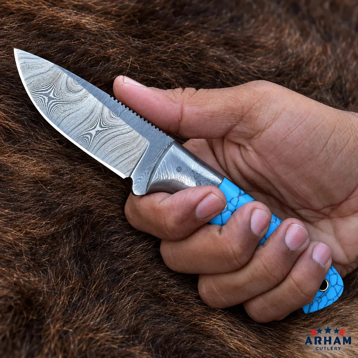 Turquoise Bijou Damascus Hunting Knife – Faux Turquoise Handle Arham Cutlery