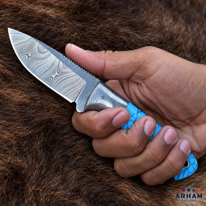 Turquoise Bijou Damascus Hunting Knife – Faux Turquoise Handle Arham Cutlery