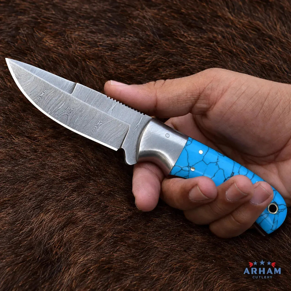Turquoise Ridge Damascus Hunting Knife – Faux Turquoise Handle Arham Cutlery