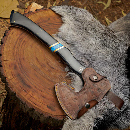 Handmade Forged Viking Axe – 1095 High Carbon Steel Bushcraft Hatchet with Turquoise Handle & Leather Sheath | Arham Cutlery