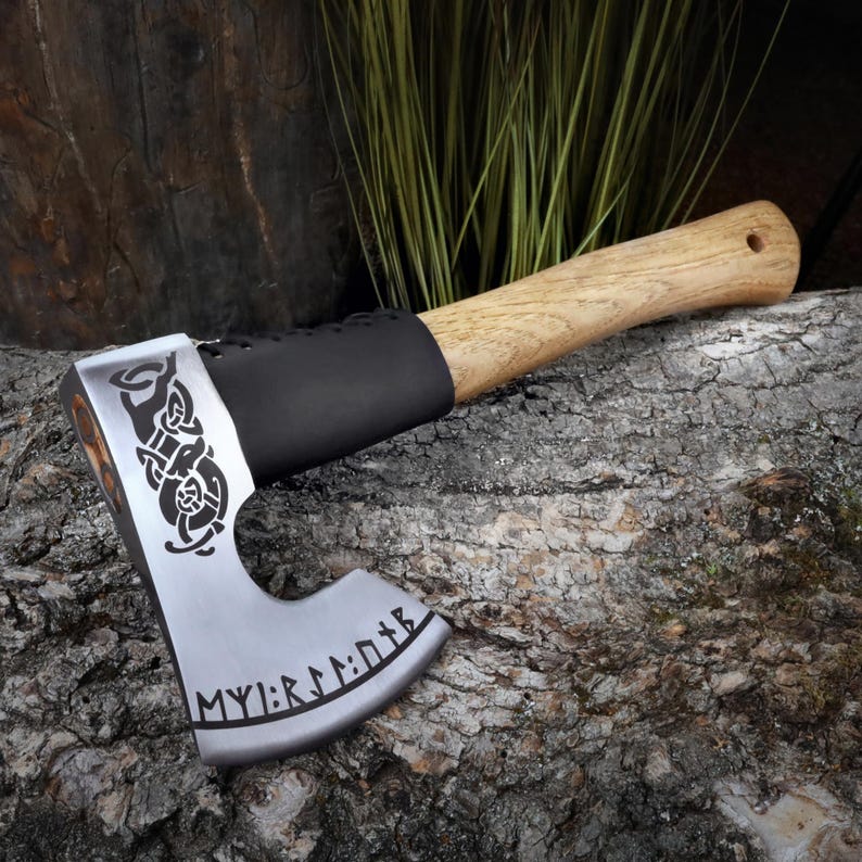 Compact Bearded Camp Axe – Handmade 1060 Carbon Steel Hatchet with Ash Wood Handle Arham Cutlery