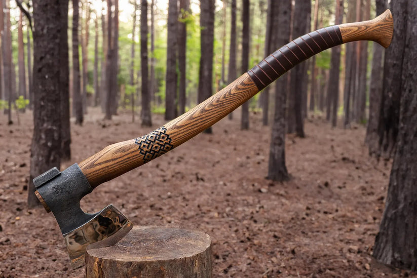 Heritage Woodcraft Axe – Handmade Carbon Steel Camp Hatchet with Carved Ash Handle Arham Cutlery