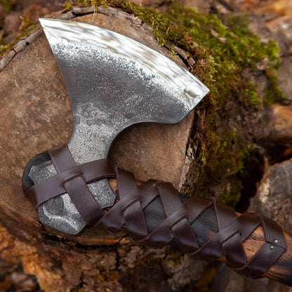 Nordic Raider Axe – Handmade Carbon Steel Forest Hatchet with Carved Ash Wood Handle Arham Cutlery