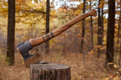 Nordic Forest Camp Axe – Handmade Carbon Steel Hiking Hatchet with Carved Ash Handle Arham Cutlery