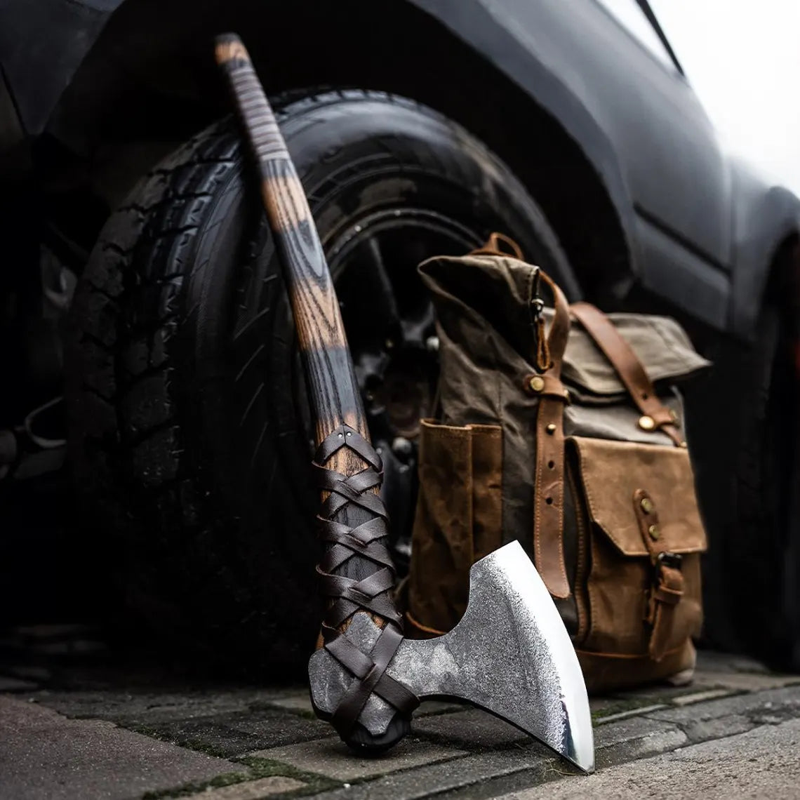 Nordic Raider Axe – Handmade Carbon Steel Forest Hatchet with Carved Ash Wood Handle Arham Cutlery