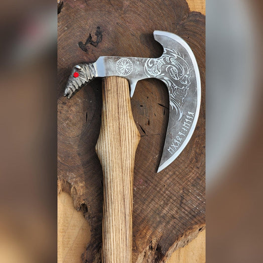 Hand-Forged Viking Raven Axe – 18.5" Norse Bearded Axe with Steel Hammer Face & Leather Sheath Arham Cutlery