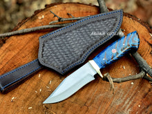 Cargar imagen en el visor de la galería, Handmade D2 steel knife with pine cone resin handle and brass guard, paired with a black leather sheath – Arham Cutlery
