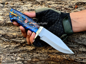 Handmade D2 steel knife with pine cone resin handle and brass guard, paired with a black leather sheath – Arham Cutlery
