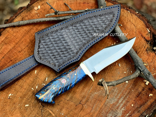 Handmade D2 steel knife with pine cone resin handle and brass guard, paired with a black leather sheath – Arham Cutlery