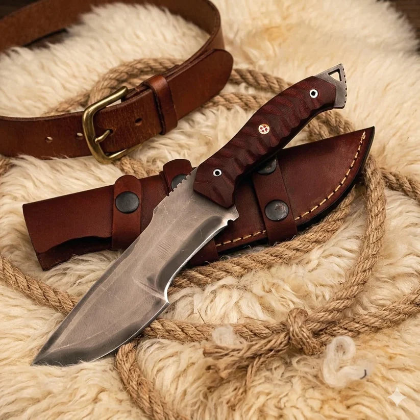 Handmade Tracker Knife with Sheath – Full Tang High Carbon Steel Fixed Blade, Micarta Handle Survival Tactical Knife