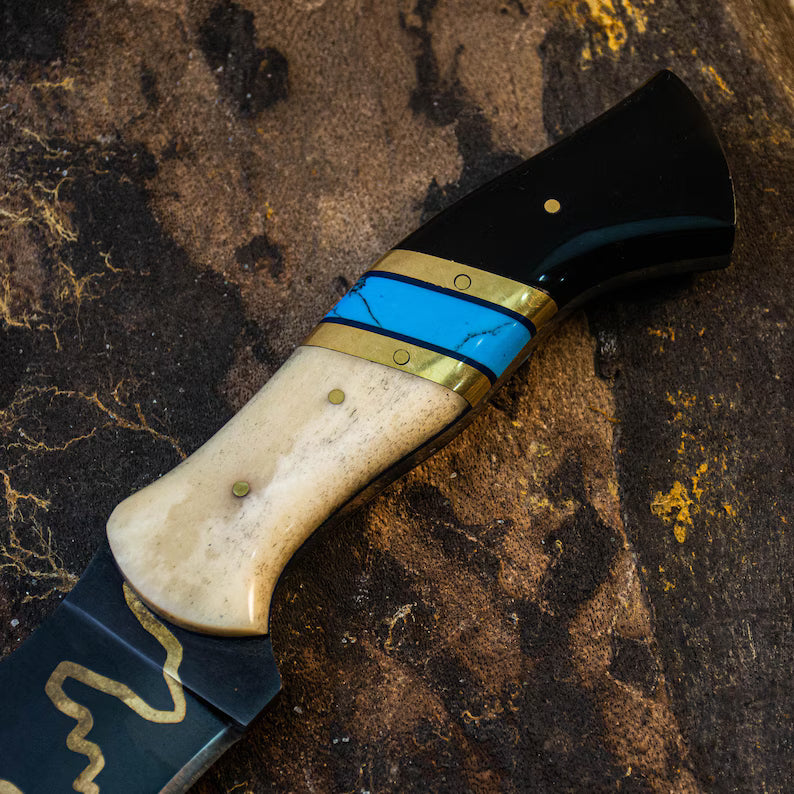 Handmade Viking Hunting Knife with Copper Inlay – Full Tang Stainless Steel Blade, Turquoise & Camel Bone Handle, Leather Sheath - Arham Cutlery