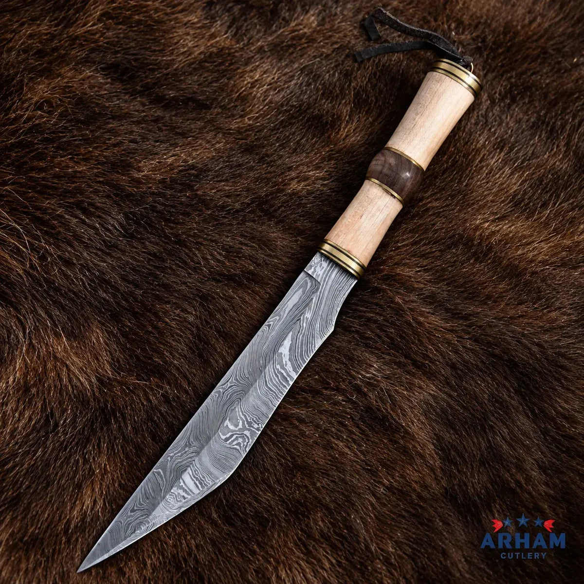 Goatskin Raven Viking Seax Knife – Damascus Steel & Wood Handle Arham Cutlery