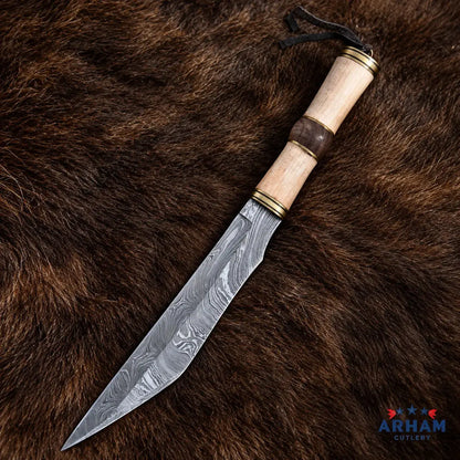 Goatskin Raven Viking Seax Knife – Damascus Steel & Wood Handle Arham Cutlery