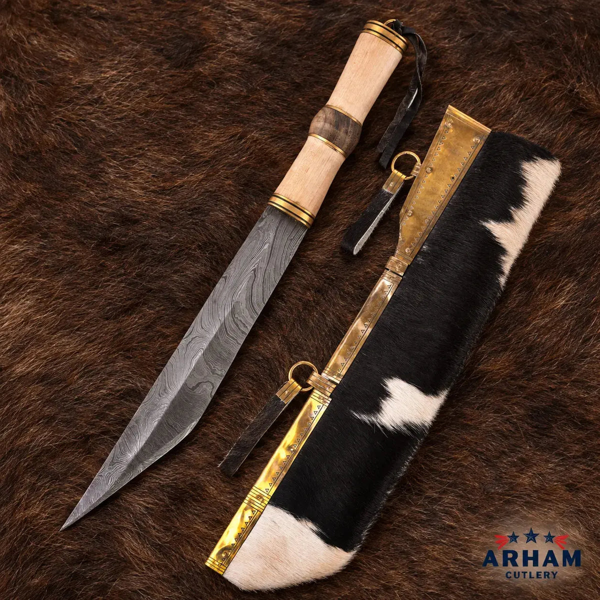 Goatskin Raven Viking Seax Knife – Damascus Steel & Wood Handle Arham Cutlery