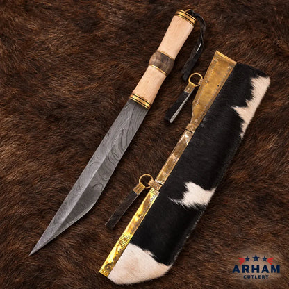 Goatskin Raven Viking Seax Knife – Damascus Steel & Wood Handle Arham Cutlery