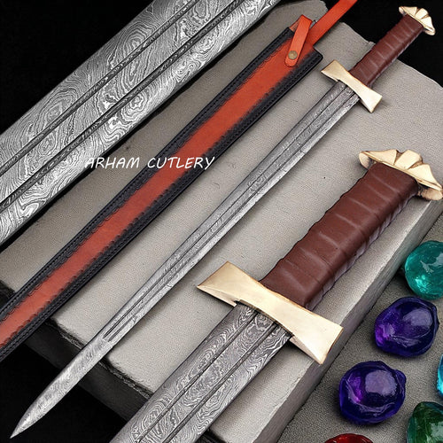 Golden High Strike Damascus Viking Sword with Leather Sheath
