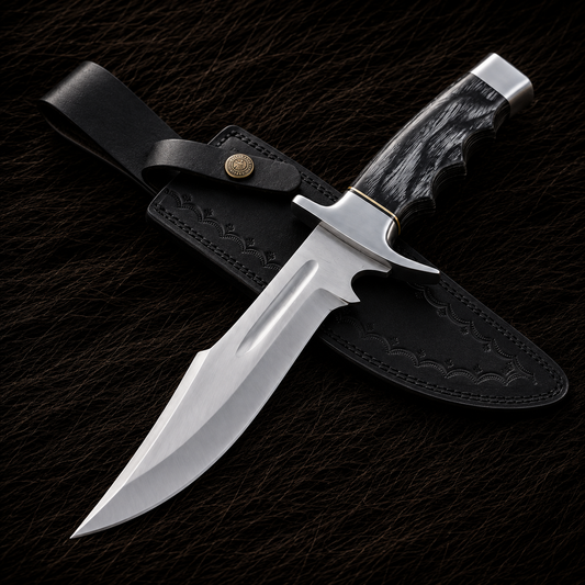 A fixed-blade knife with a polished silver blade, textured black handle, and silver-toned guard, shown resting on a black leather sheath against a dark textured background.